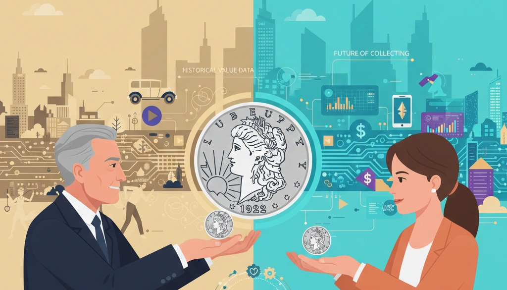 A storytelling scene showing the 1922 Liberty Silver Dollar passing from an older collector to a younger one
