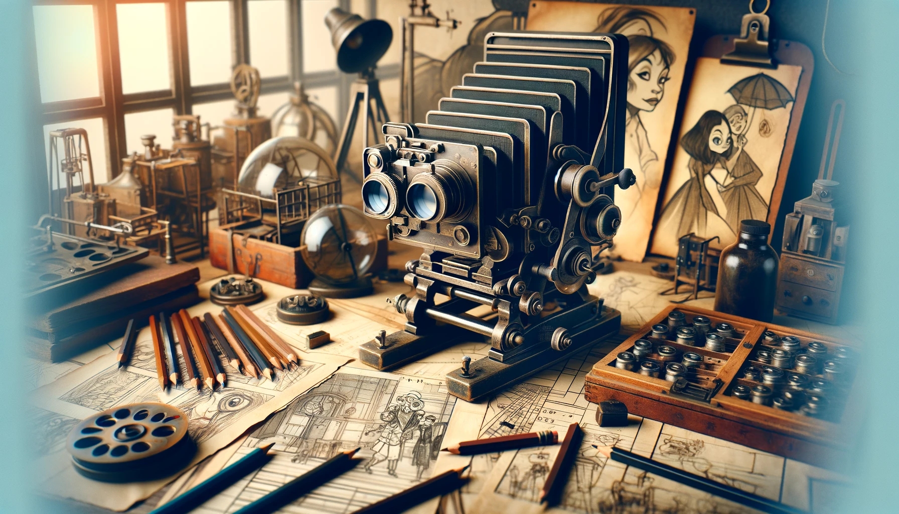 a vintage multiplane camera set in an old animation studio, surrounded by hand-drawn animation cels, sketches, and pencils.