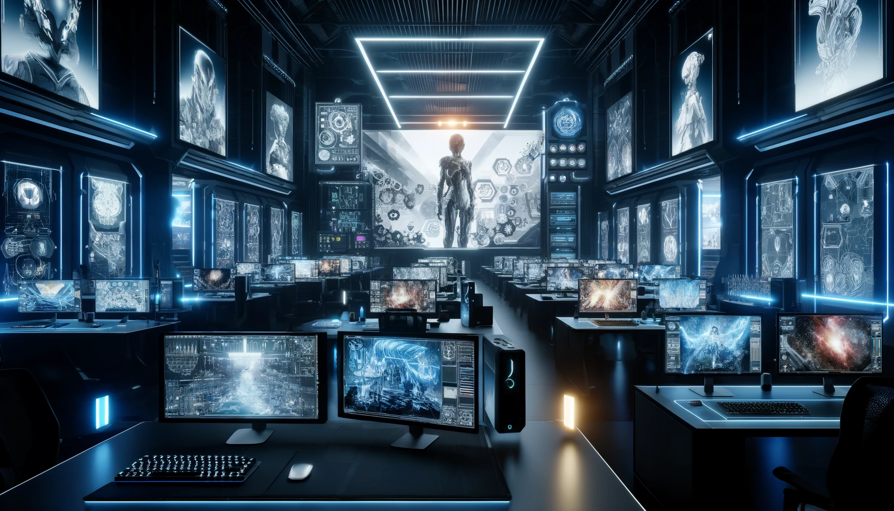 advanced digital screens displaying 3D models and CGI animations.