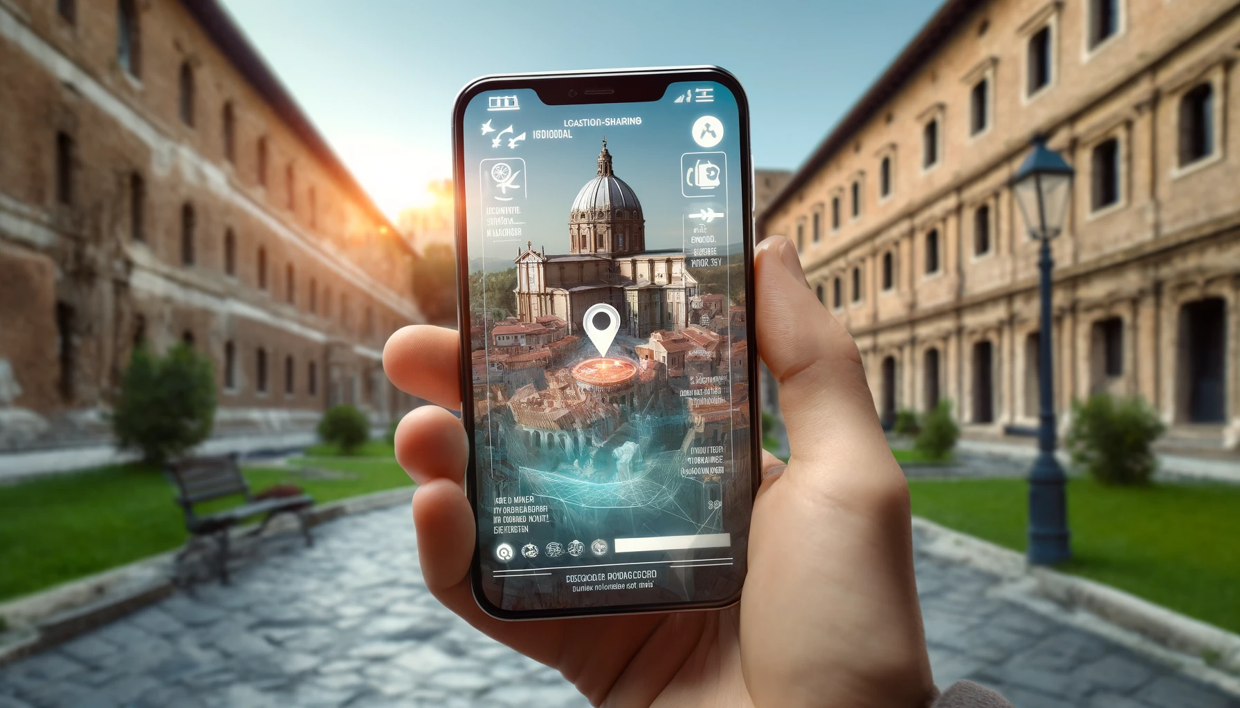 a smartphone screen with a location-sharing app interface, utilizing augmented reality features to overlay digital information on a scenic view of an ancient city.