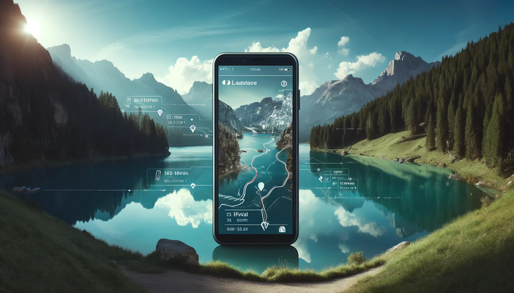A digital overlay on a smartphone screen shows a hiking trail map with various trails, estimated times, and difficulty levels, highlighting the location sharing app's role as an immersive planning tool for outdoor adventures.