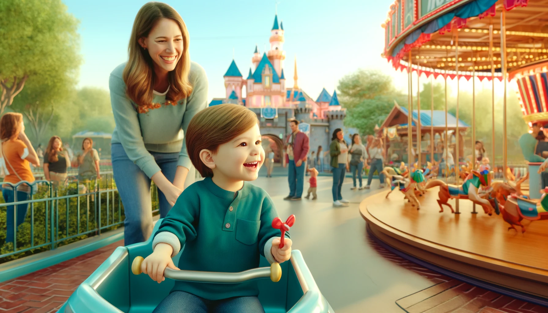 a male child riding a small ride in Disneyland with his mother watching and smiling.