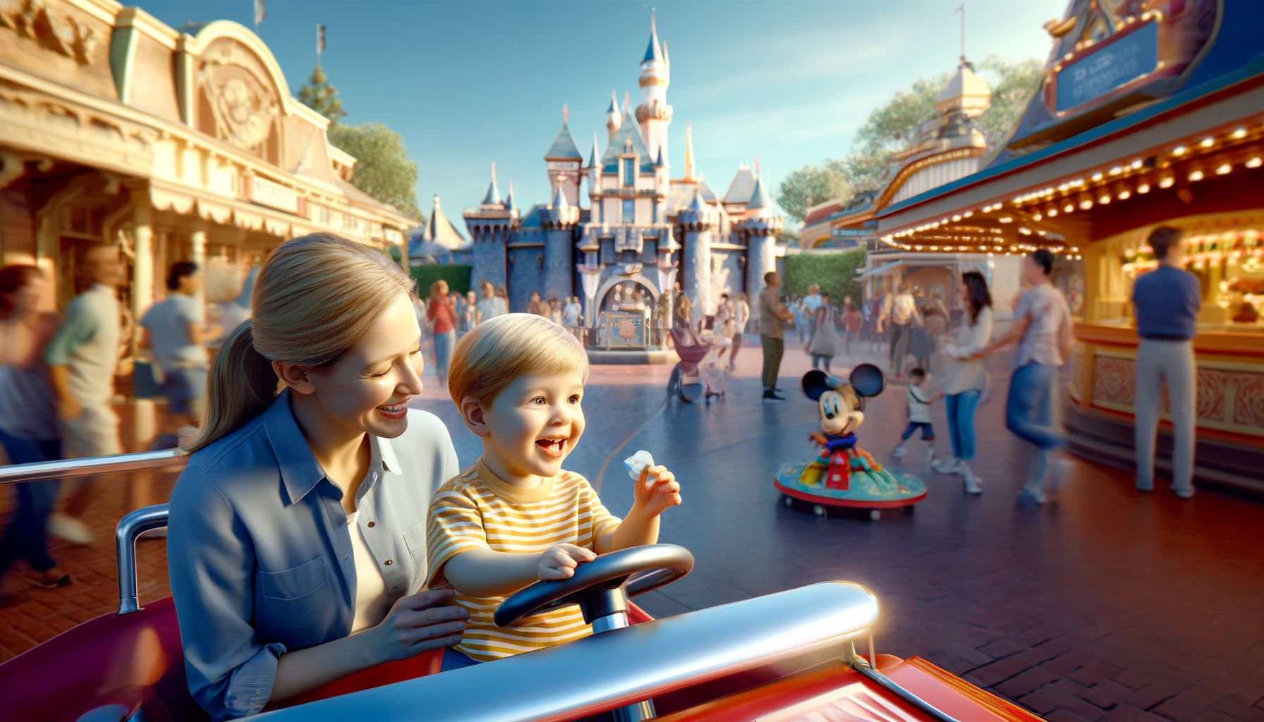a child and his mother are playing in Disneyland. The child is having fun in a themed playground area, surrounded by iconic Disneyland attractions.