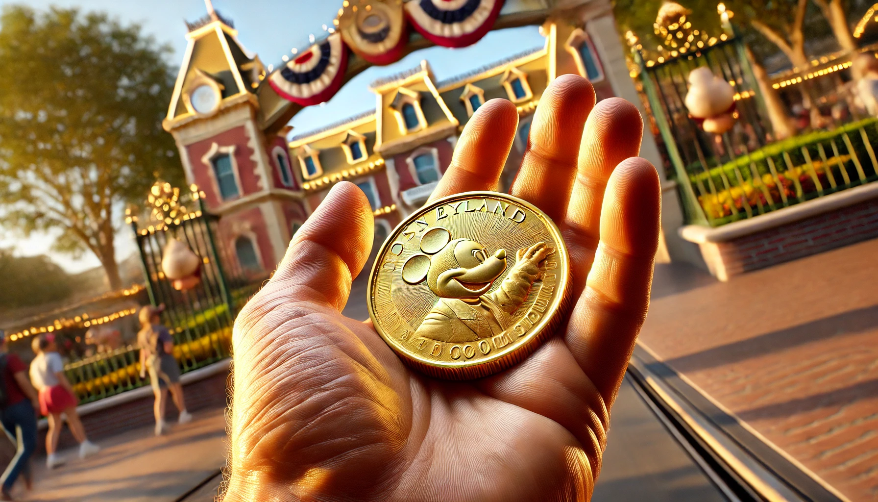 A hand holds a gleaming gold coin with intricate engravings, set against a blurred yet vibrant backdrop of the Disneyland entrance.