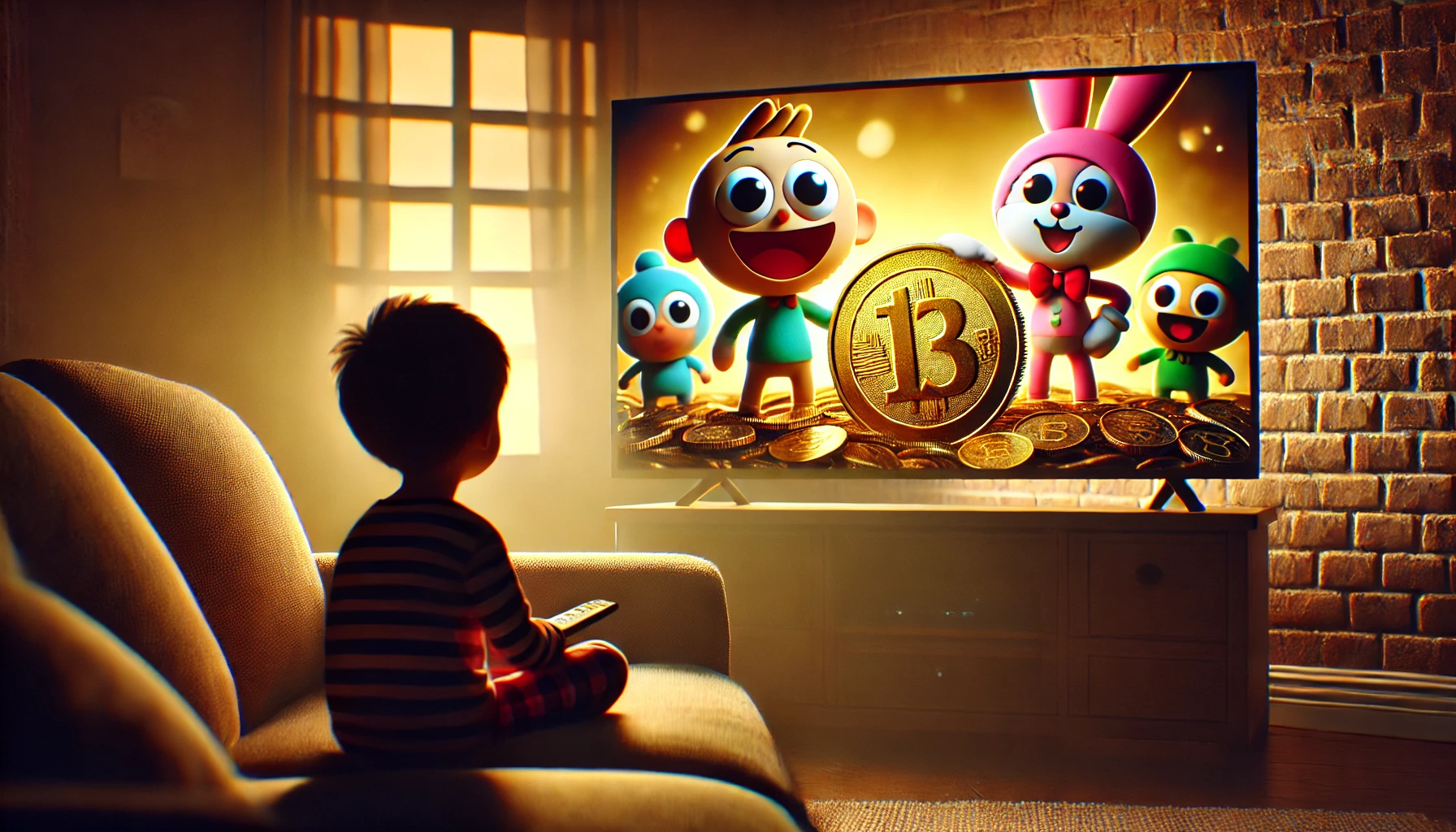 A child sitting on a cozy couch, captivated by a glowing TV screen displaying colorful cartoon characters holding coins.
