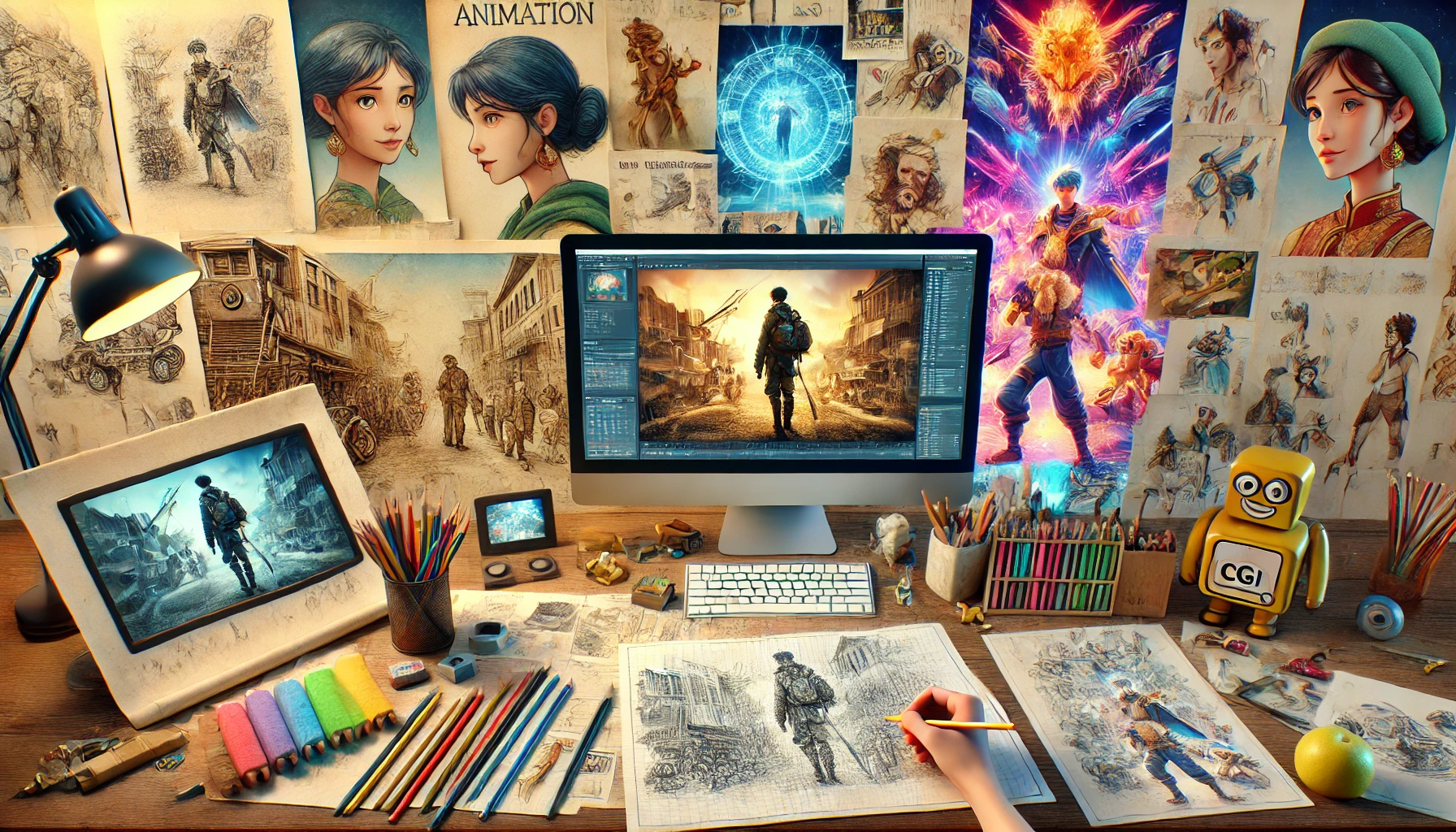 the evolution of animation technology from traditional hand-drawn illustrations to CGI, with a mix of artistic sketches, digital screens, and CGI model characters.