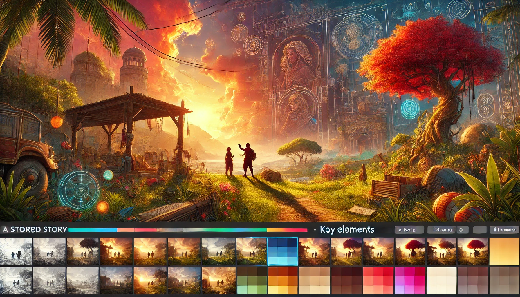 an animated story setting with key elements: vibrant, lush environment with detailed character design sketches, a dramatic sunset casting warm light across the scene, and symbols of world-building like ancient structures and props scattered in the background.