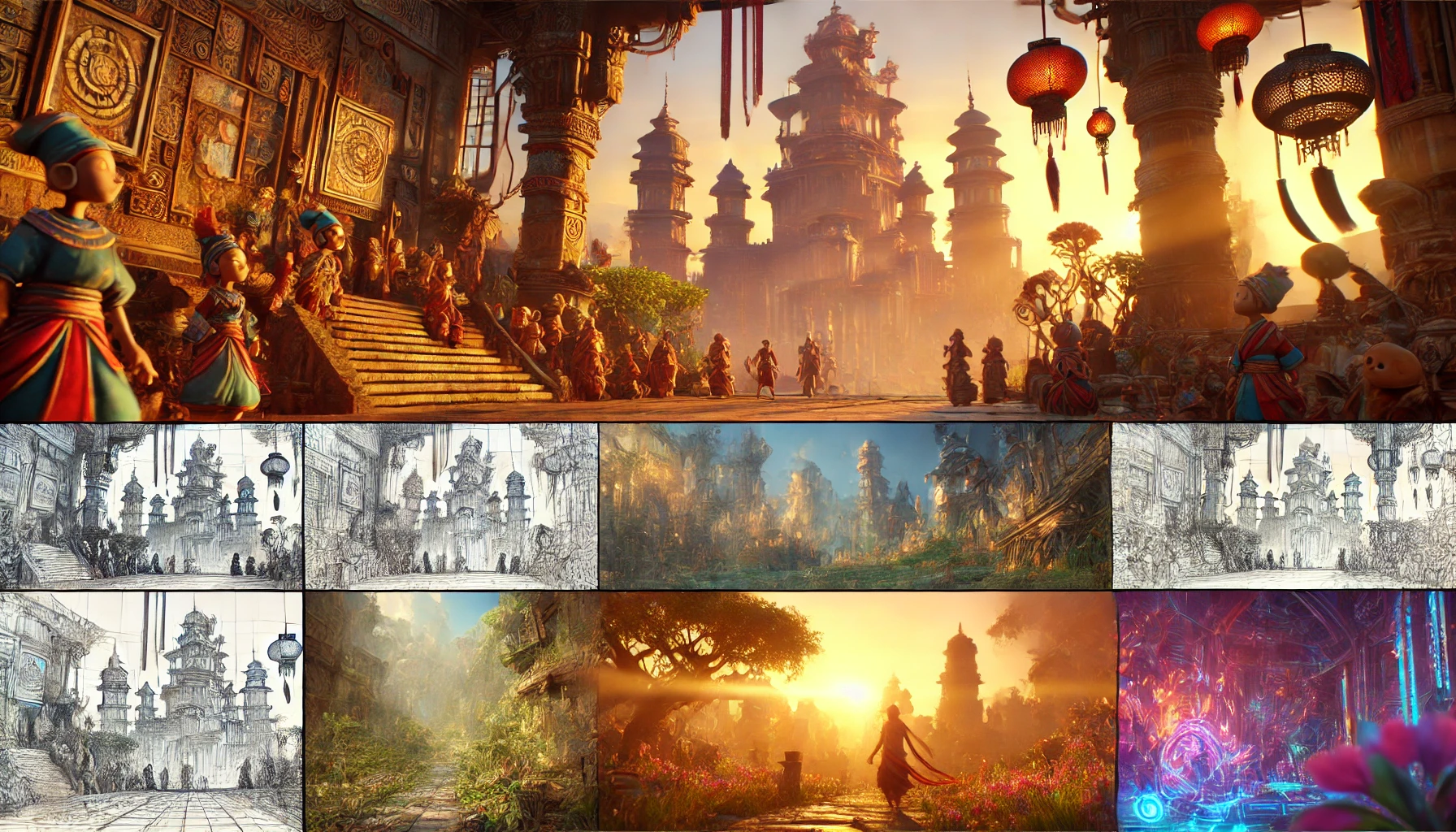 animated world setting, showcasing intricate character sketches alongside vibrant scenery with detailed elements of world-building.