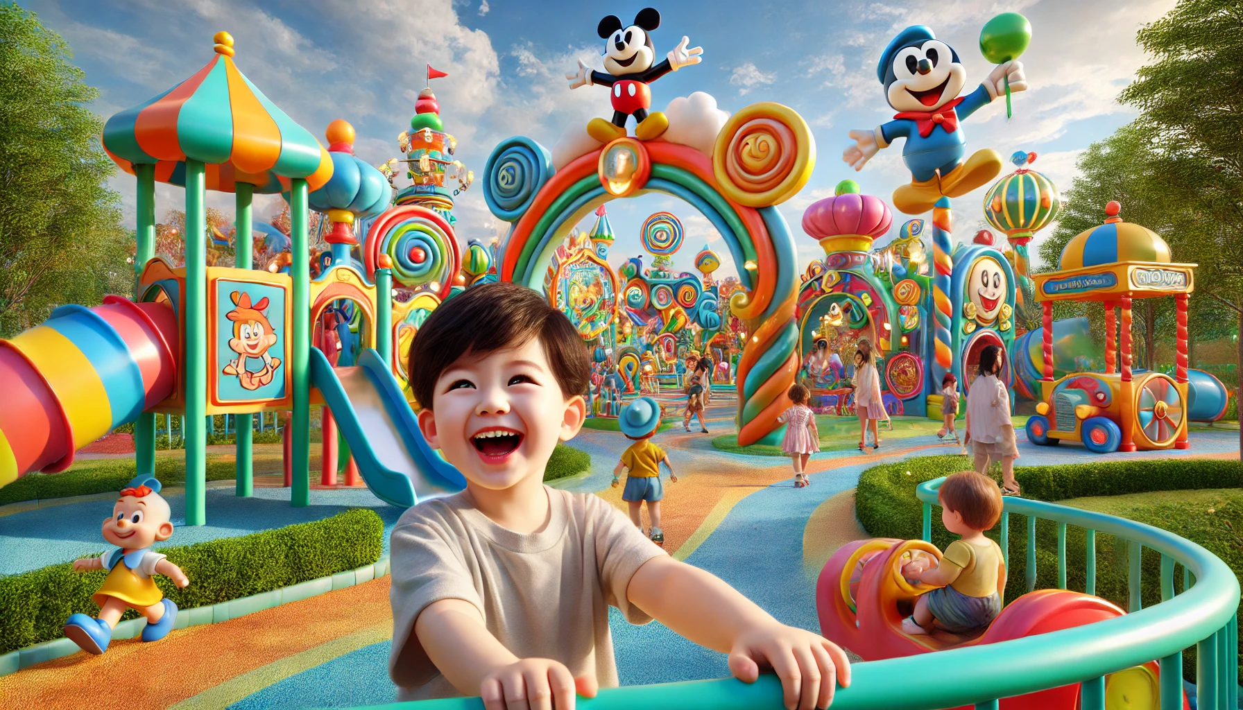 a boy of about 5 years playing in a colorful cartoon-themed park. The park features playful, exaggerated shapes and designs inspired by classic cartoon elements, like whimsical arches, colorful slides, and oversized, cartoonish decorations.