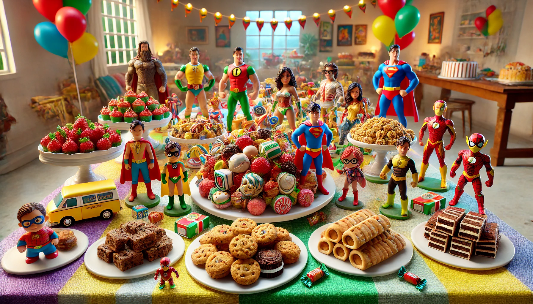 snacks arranged on a table with figures of cartoon superheroes. The table features a variety of snacks such as cookies, candies, and small cakes, all arranged in a playful and colorful manner.