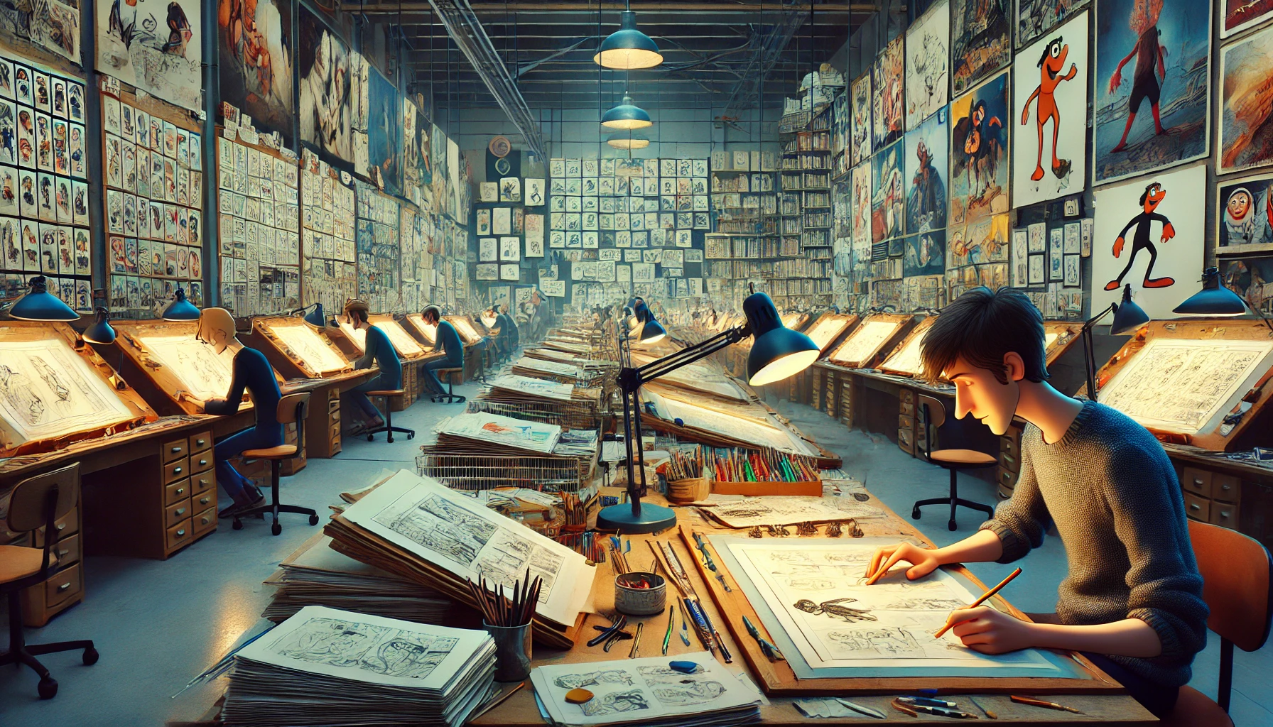a traditional animation studio with animators working at drawing desks, sketching characters and storyboards by hand.