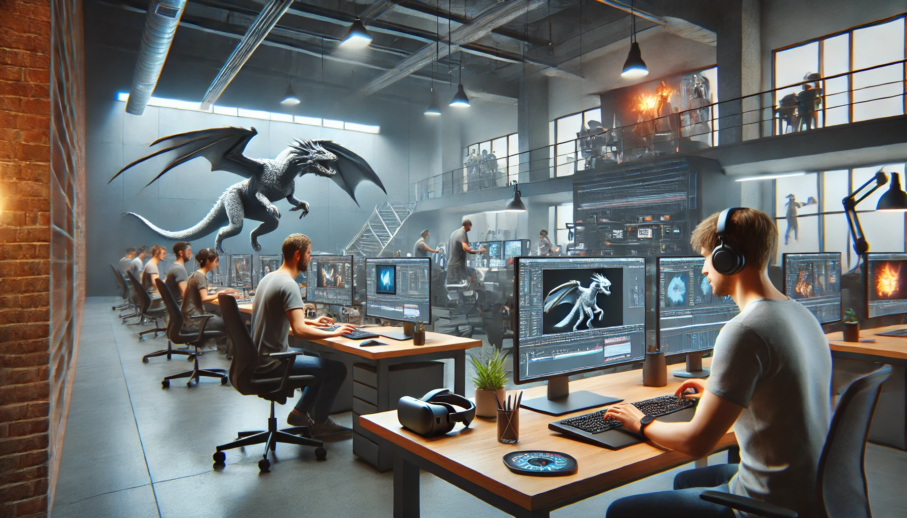 a modern CGI animation studio with animators working on advanced computers, designing 3D characters and scenes.