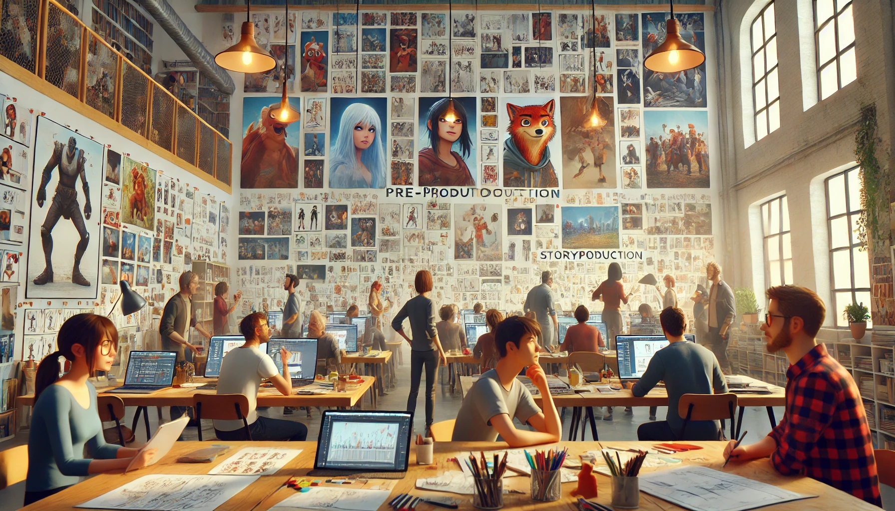 a collaborative animation studio during pre-production, with animators, storyboard artists, and designers discussing ideas in front of large whiteboards filled with concept art and storyboards.
