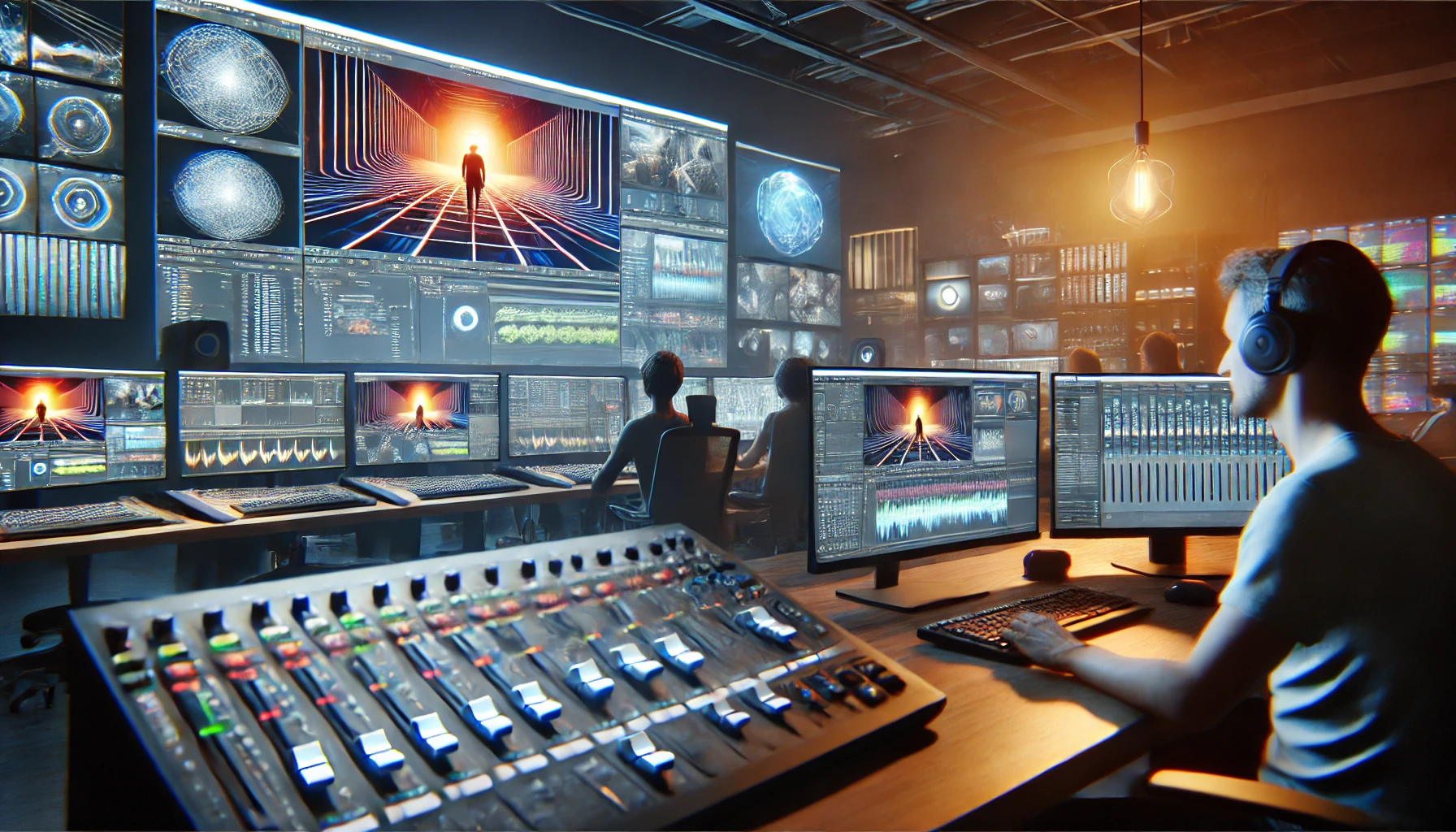 an animation studio in post-production. The studio has multiple high-end computers showing 3D rendering software, with animators and editors working on finalizing detailed animated scenes.