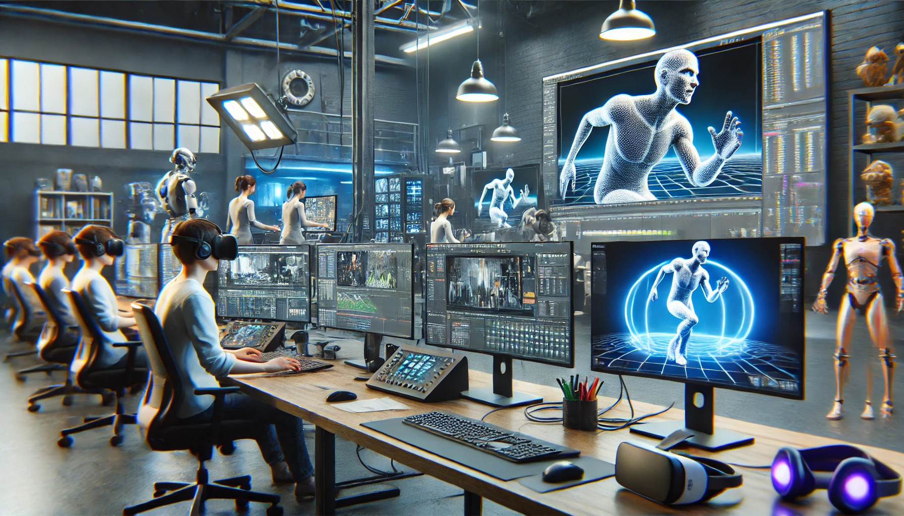 a modern animation studio with animators working on computers using advanced CGI software.