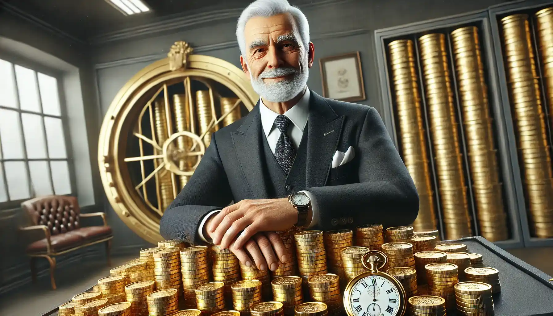 An elderly businessman with a satisfied expression is sitting proudly beside a massive pile of gold coins (widely received and managed).