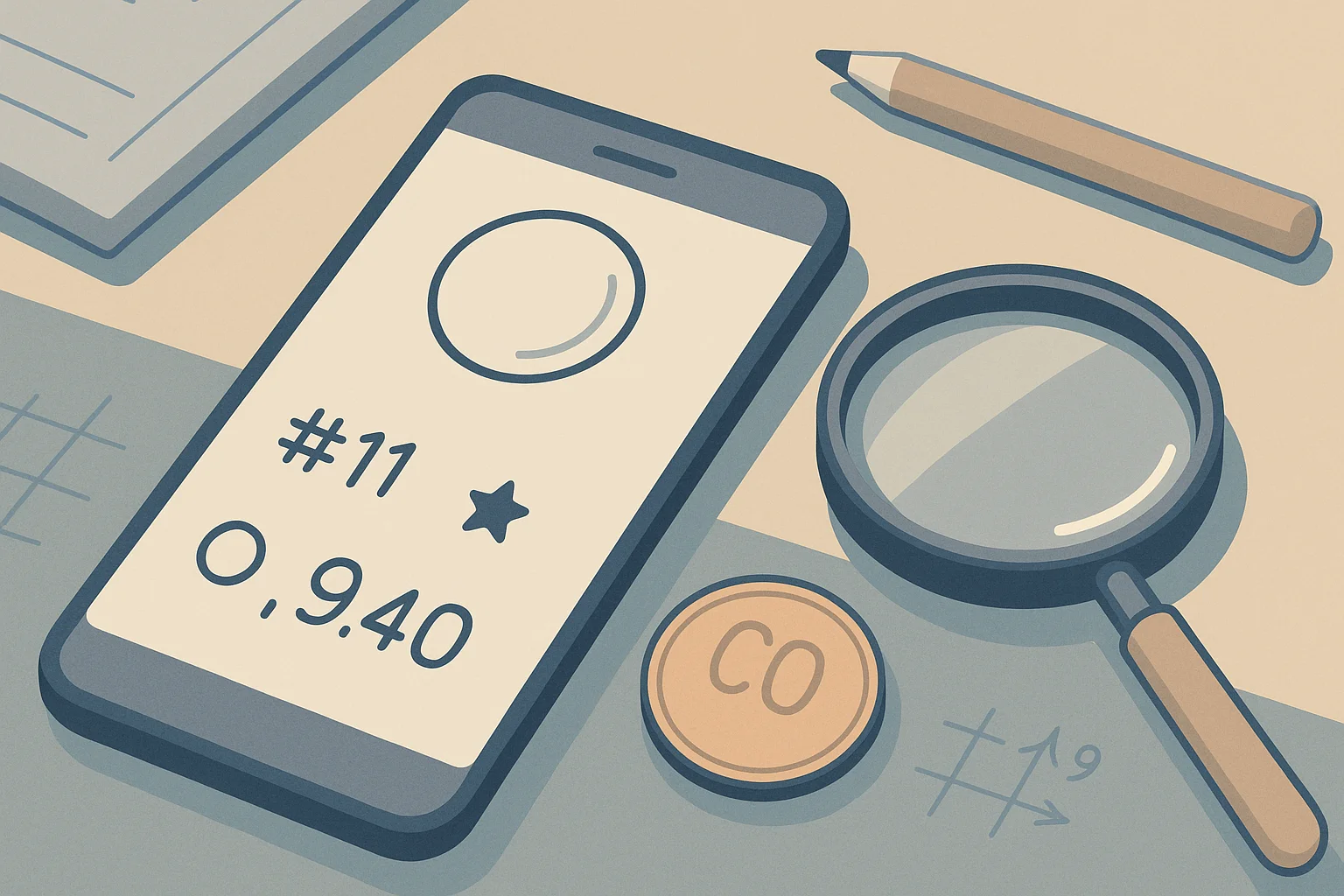 An Android phone with a finished coin analysis, a coin, and a magnifying glass nearby.