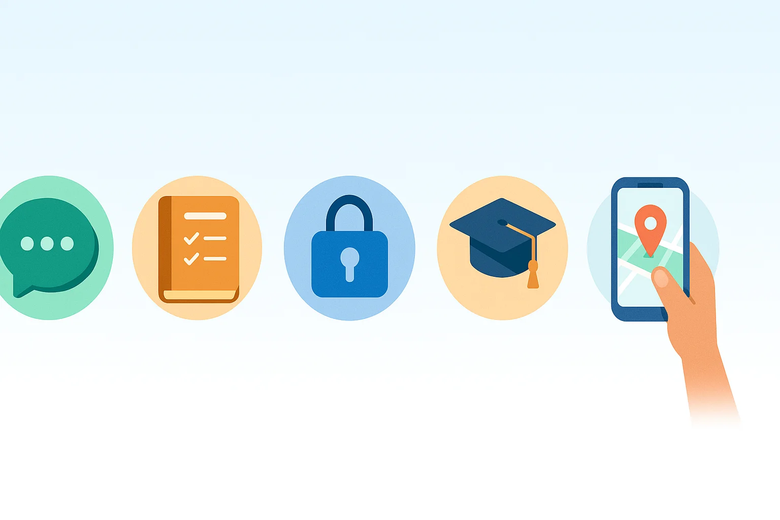 A set of icons depicting a safe and fulfilled digital environment.