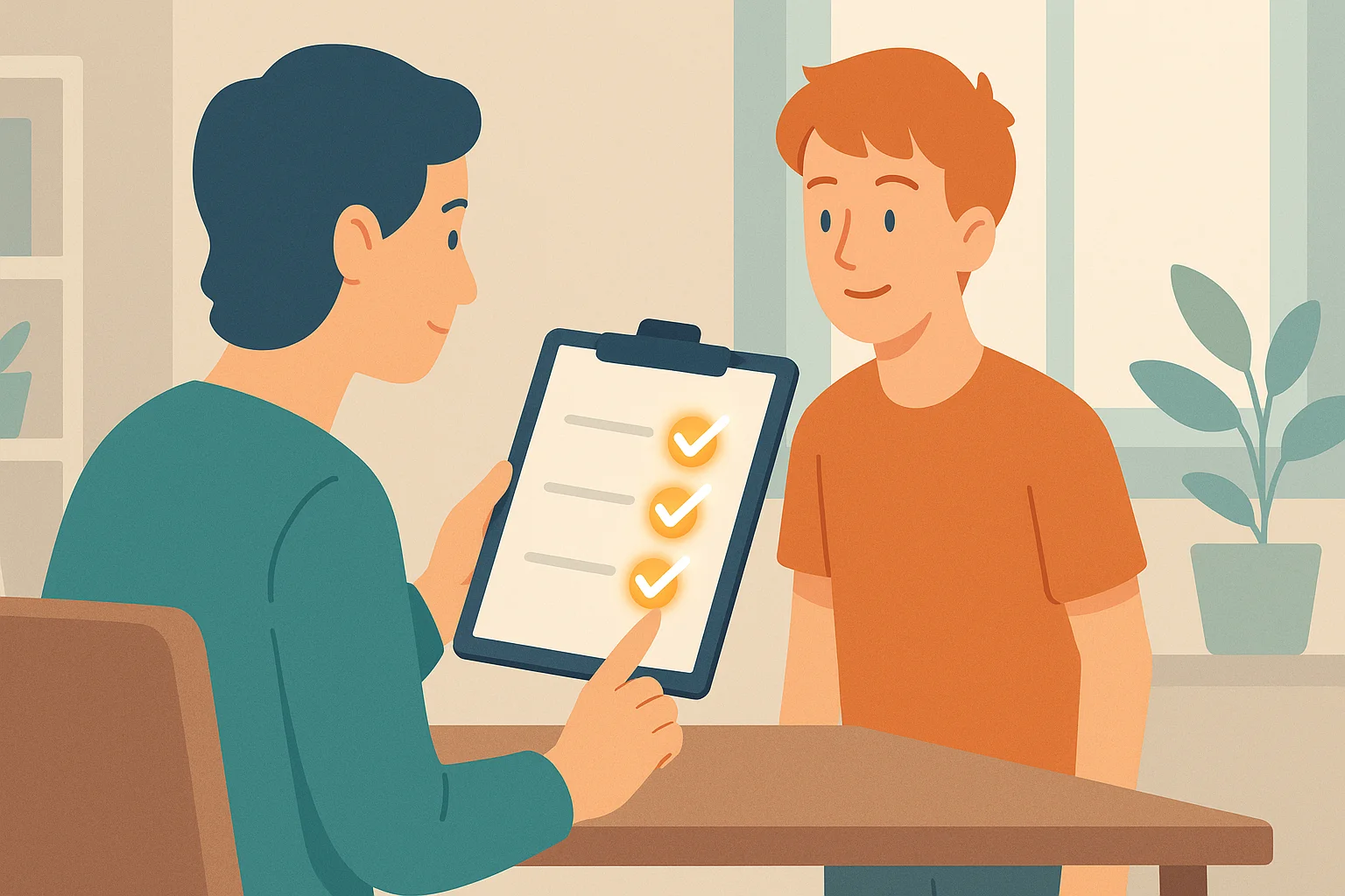 A teenager and a parent are revising a safety checklist.